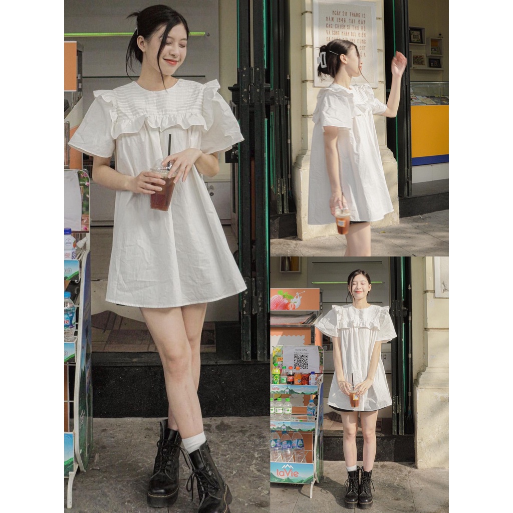 [VIDEO/ ẢNH THẬT] Áo Váy Babydoll Xếp Ly Ngực Tay Cánh Tiên Màu Trắng | BigBuy360 - bigbuy360.vn