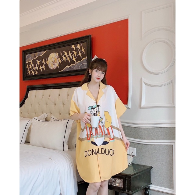 Đầm váy ngủ mặc nhà Lụa phom rộng cổ sơ mi cao cấp (mẹ bầu | sau sinh bon chen thoải mái) dưới 72kg