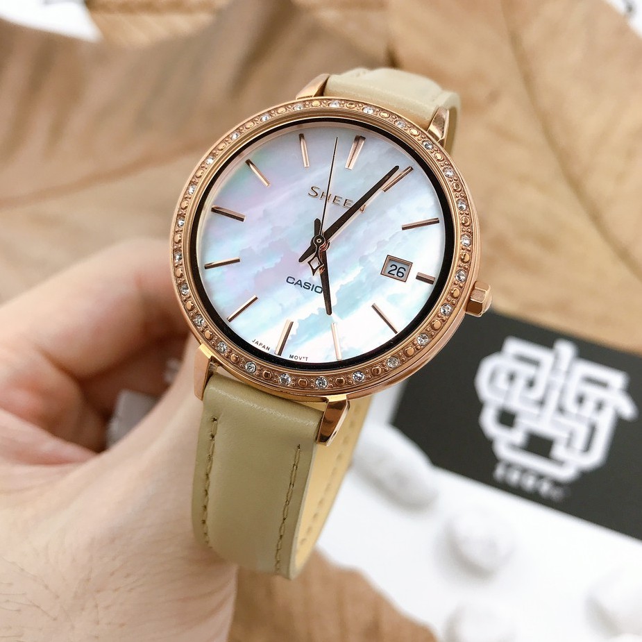 Đồng hồ nữ Casio SHEEN SHE-4052 / SHE-4052PGL-7B đính đá Swarovski, dây da thật, hàng chính hãng