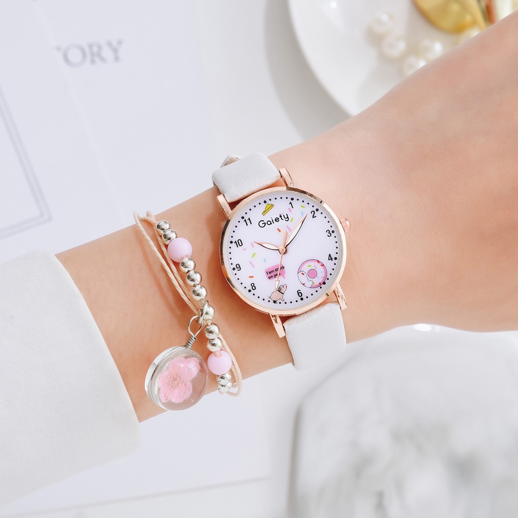 Đồng hồ nữ LVPAI mặt tròn in hình hoạt hình phong cách Hàn Quốc