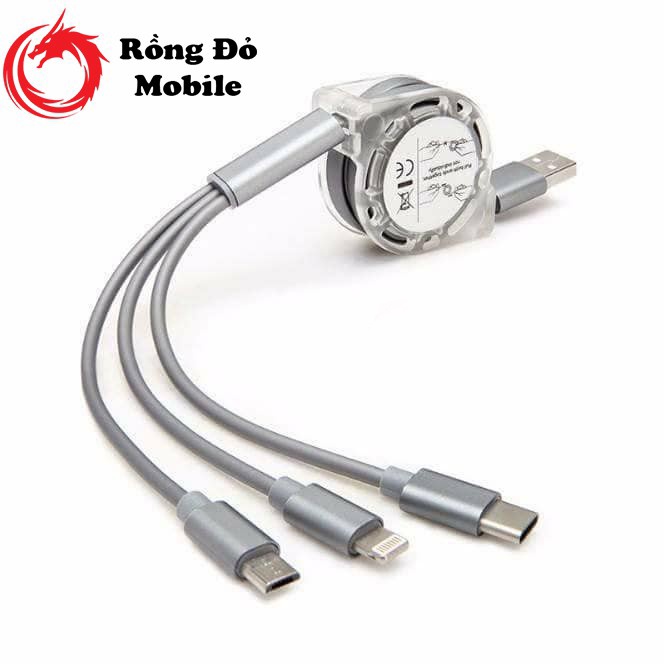 Cuộn Cáp Sạc 3 Đầu Thông Minh - Dây Cáp Sạc 3 ĐẦU RÚT MicroUSB, Type C, Lightning Iphone Dây TPE cao cấp