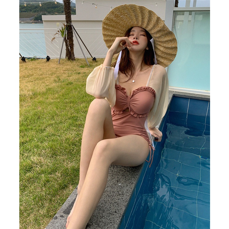 [BIKINI CAO CẤP] Bikini Đồ bơi liền mảnh công chúa tay bồng ren ánh kim màu hồng đất baby, đồ bơi đi biển sang chảnh