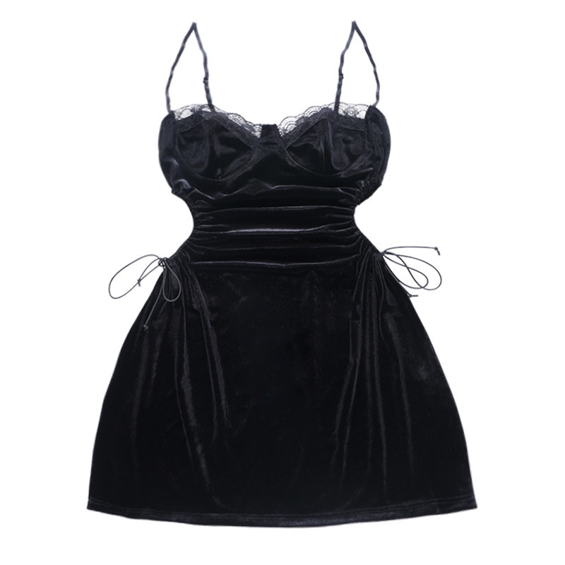 DUNEA Đầm chữ A 2 dây thiết kế hở lưng phối ren thời trang quyến rũ cho nữ