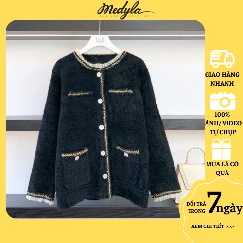 Áo khoác lông mịn phối bèo siêu sang - Áo cardigan dáng ngắn giữ ấm cho bầu thiêt kế Medyla - AL204
