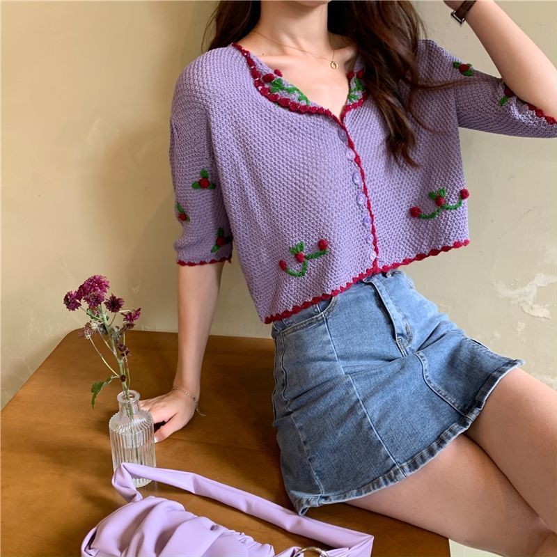 Áo khoác cardigan dệt kim mỏng tay ngắn thêu họa tiết phong cách retro Pháp thời trang xinh xắn cho nữ