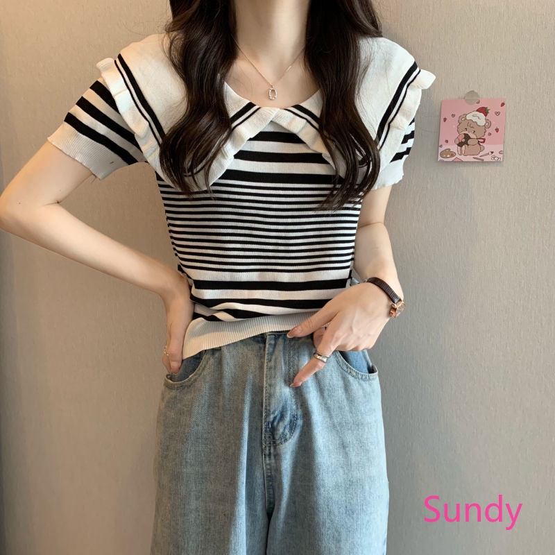 Áo Dệt Kim Tay Ngắn Cổ Búp Bê Họa Tiết Kẻ Sọc Thời Trang Mùa Hè Cho Nữ