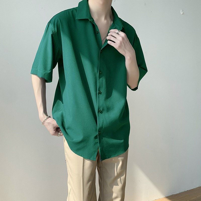 Áo sơ mi lụa tay ngắn trơn unisex