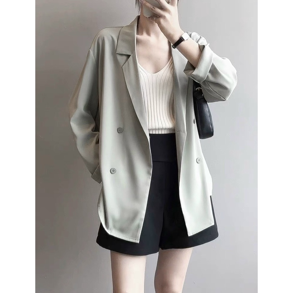 Áo blazer sang chảnh màu đen trắng xanh _ Áo vest_ áo blazer nữ vải trượt vạt bầu dáng rộng | BigBuy360 - bigbuy360.vn