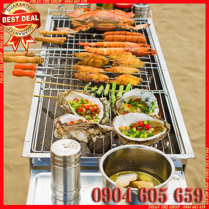 Bếp nướng BBQ ngoài trời dã ngoại nướng than hoa inox có thể gấp gọn chân cao xếp kèm phụ kiện