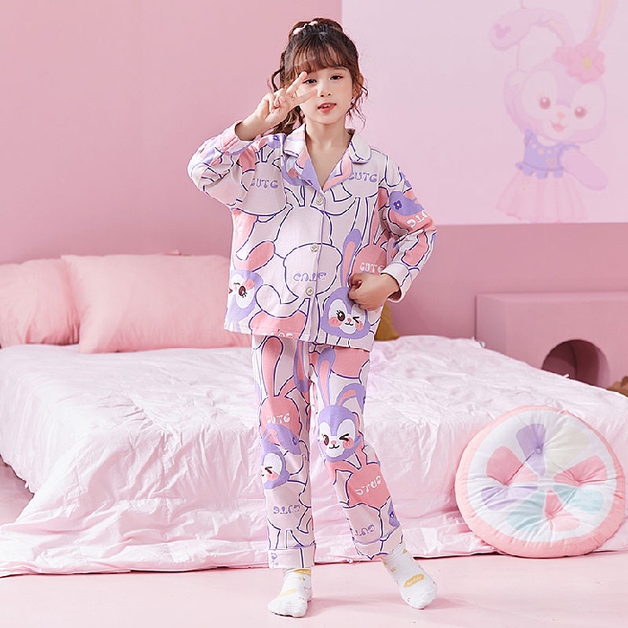 Bộ Đồ Ngủ Tay Dài Chất Cotton In Họa Tiết Hoạt Hình Phong Cách Hàn Quốc Xinh Xắn Cho Bé Gái