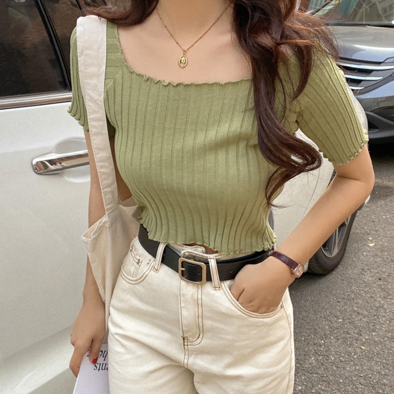 Áo Croptop Dệt Kim Tay Ngắn Phối Bèo Màu Trơn Thời Trang Cho Nữ
