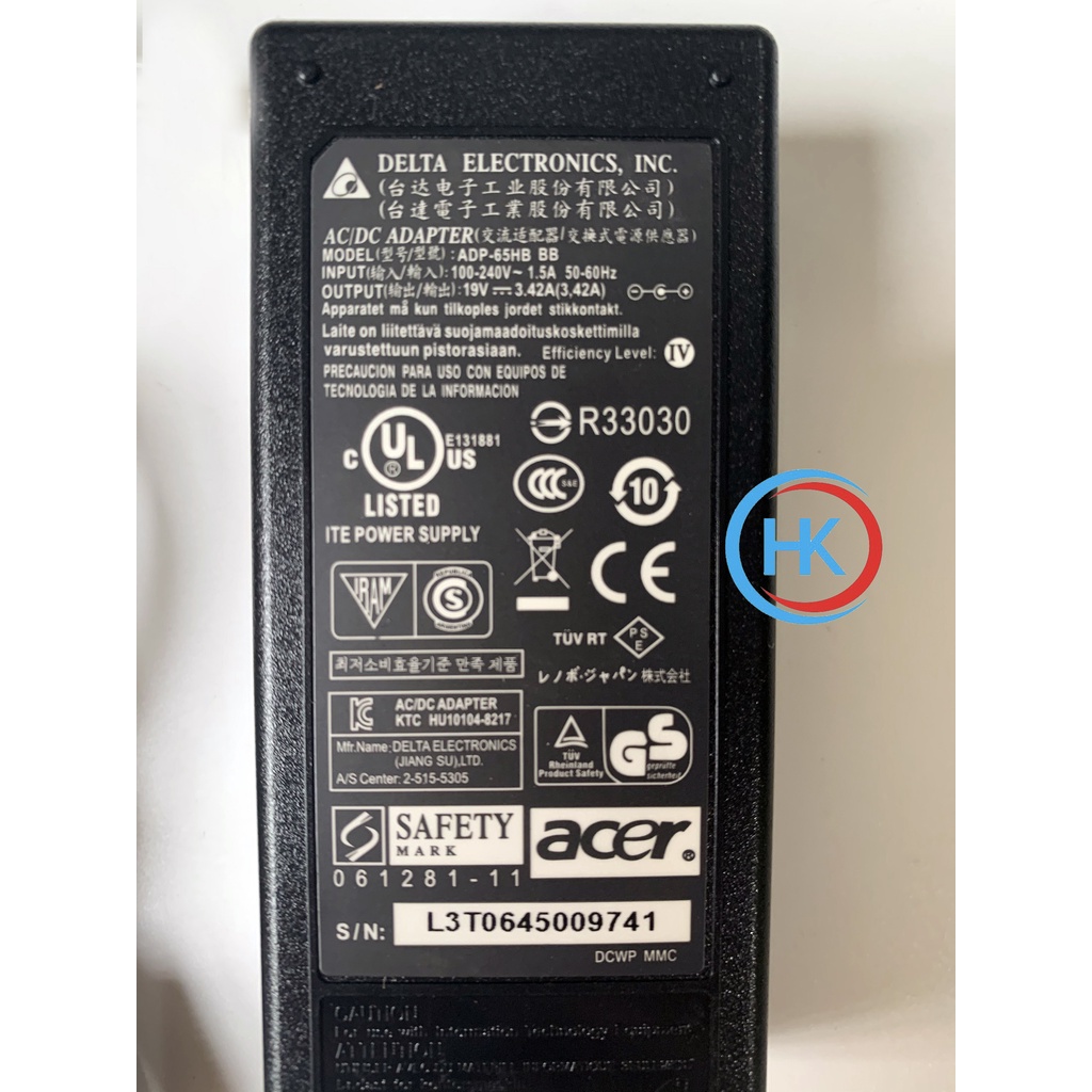 Sạc Laptop Acer 19V-3.42A 65W Acer 4710 4736 4810 4830 5830 X401 X402 X301 X501 4750 5810 sf531 V5-471 V5-473 V5-531