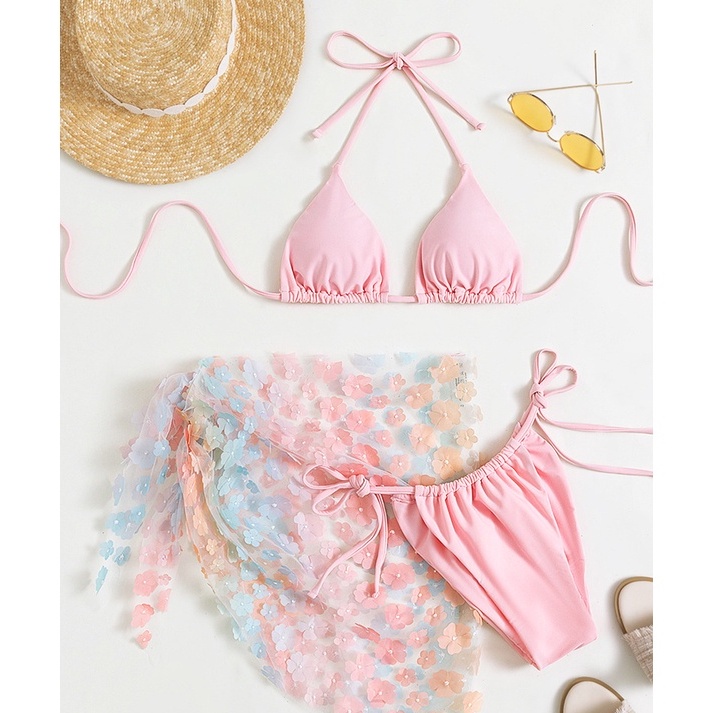 SET BIKINI 3 MÓN HỒNG BABY KÈM KHĂN HÔNG HỒ ĐIỆP OMBRE