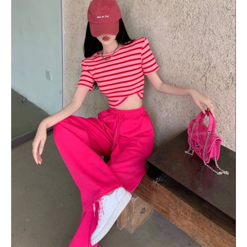 Set áo thun tay ngắn kẻ sọc phối quần dài thời trang mùa hè năng động (có bán lẻ)