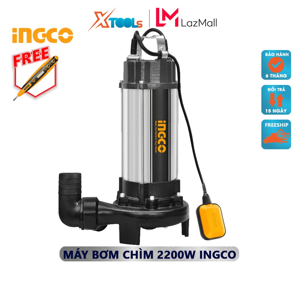 Máy bơm chìm nước thải INGCO SPDB22001 | máy bơm chìm 2200W(3.0HP), chiều cao bơm 13m, tốc độ dòng chảy 88m3/h, motor dâ