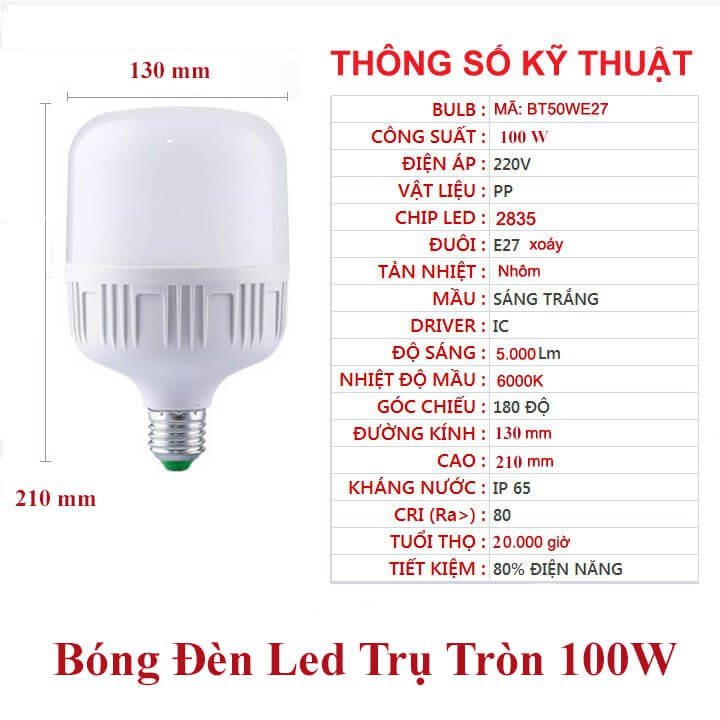 Bóng đèn led buld trụ tròn 100w ánh sáng trắng đui xoắn E27 tiết kiệm điện