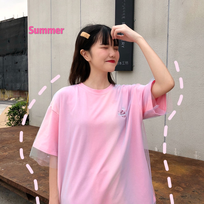 SUXI Áo thun tay ngắn form rộng họa tiết thêu theo phong cách Hàn Quốc