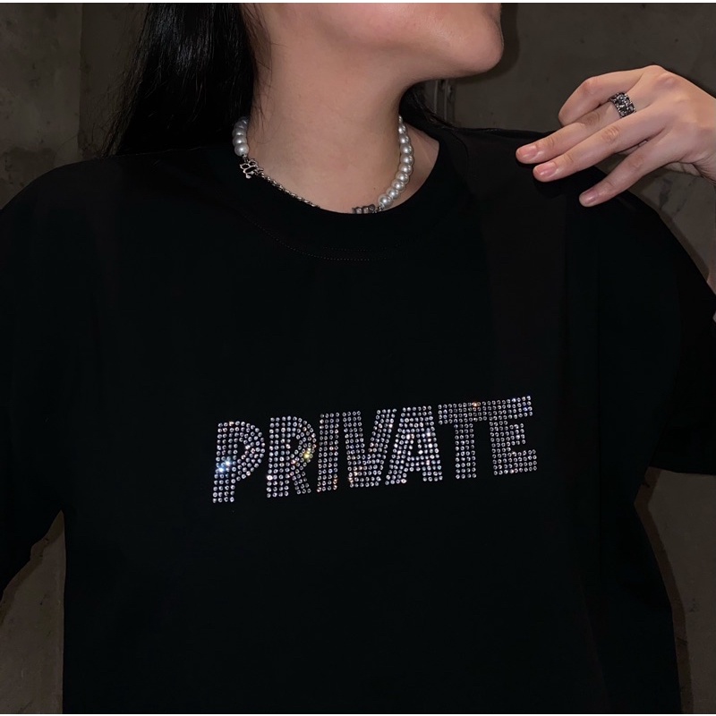 Áo thun đen đính đá tay lỡ Private Black Mentalboss