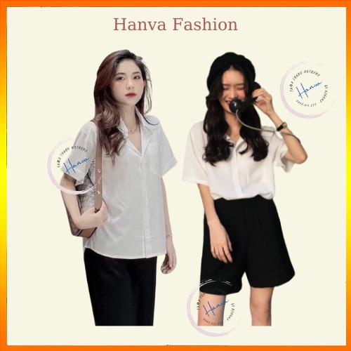 Áo Sơ Mi Trắng Cộc Tay Nữ Cổ Bẻ Có Túi Trước Ngực Form Rộng