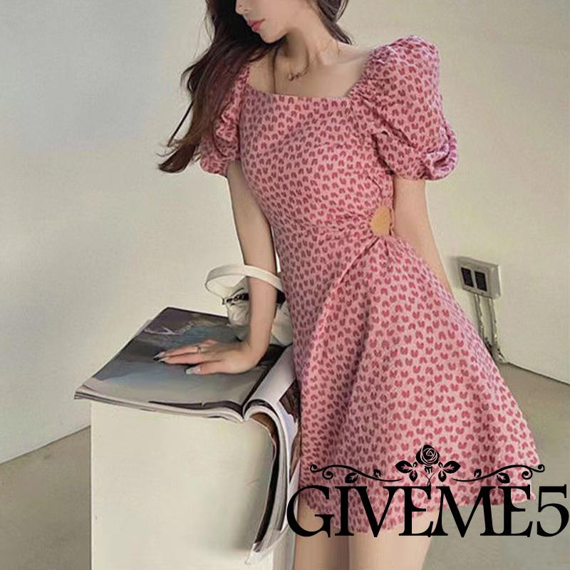 Đầm chữ A ngắn tay cổ vuông in hình thời trang sành điệu cho nữ