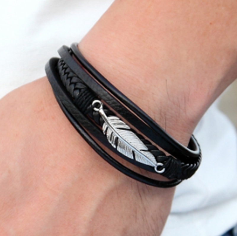 Vòng đeo tay da nhiều lớp phối mặt hình lông vũ thời trang dành cho nam