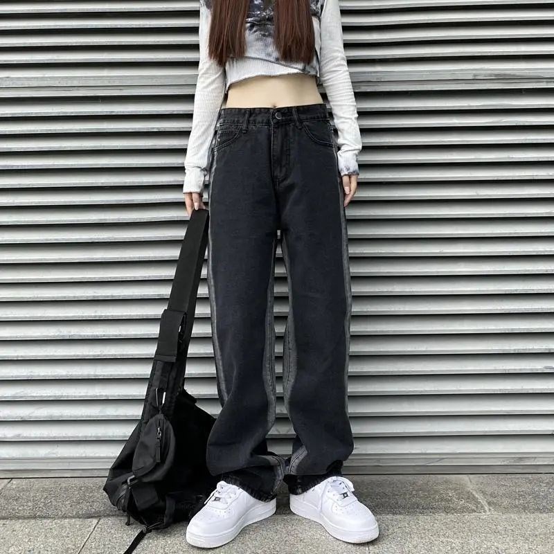 Quần jean lưng cao ống suông rộng phối họa tiết sọc phong cách Hàn Quốc cổ điển thời trang cho nữ | BigBuy360 - bigbuy360.vn