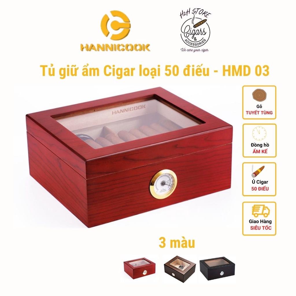 Hộp ủ Cigar - Tủ bảo quản Xì Gà Hanicook 40 điếu - Gỗ Tuyết Tùng, ba màu sang trọng - HMD03 - H2H Store