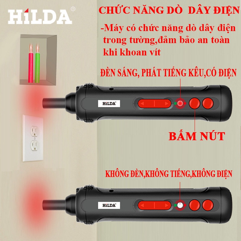Tô Vít Điện Đa Năng HiLDA Sử Dụng Pin Sạc Cổng USB Type-C, Có Đèn Pin, Khả Năng Phát Hiện Dòng Điện Ngầm