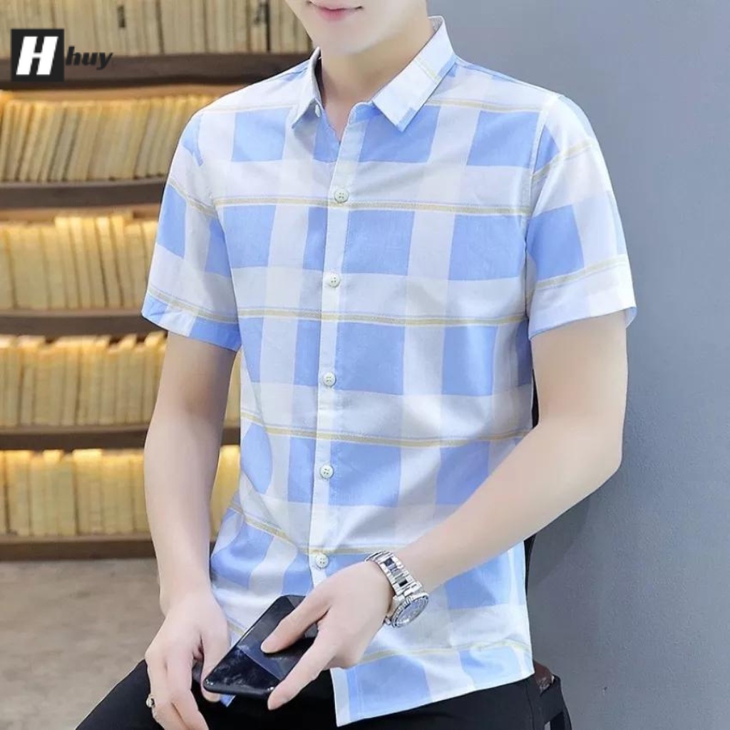 Áo Sơ Mi Nam Ngắn Tay Phối Họa Tiết Caro Ô Vuông TP Hàn Quốc - 2 Màu
