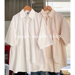 Áo sơ mi cộc tay vạt lệch nhún cách điệu ( Ảnh thật )