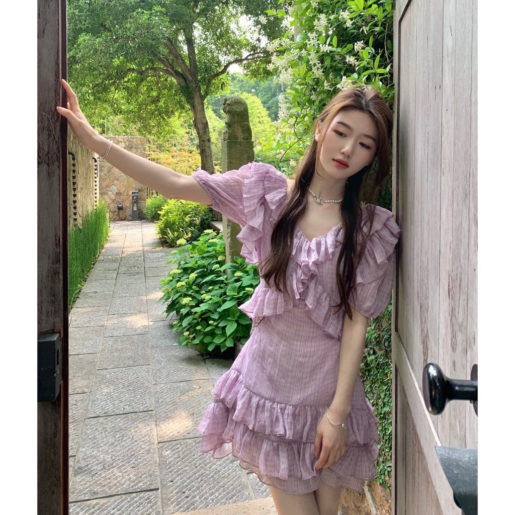 Đầm Tay Phồng Cổ Tròn Màu Tím Nhạt Phong Cách Pháp Thời Trang Mùa Hè Mới Cho Nữ