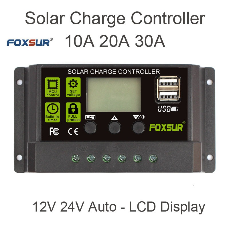 Điều khiển sạc pin năng lượng mặt trời Foxsur 10A 20A 30A 12V/24V Solar Charge Controller