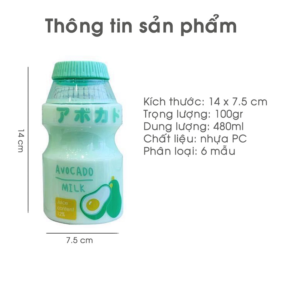 Bình Đựng Nước Nhựa Sữa Chua Cute 480ml, tặng dây đeo bình dễ thương | BigBuy360 - bigbuy360.vn