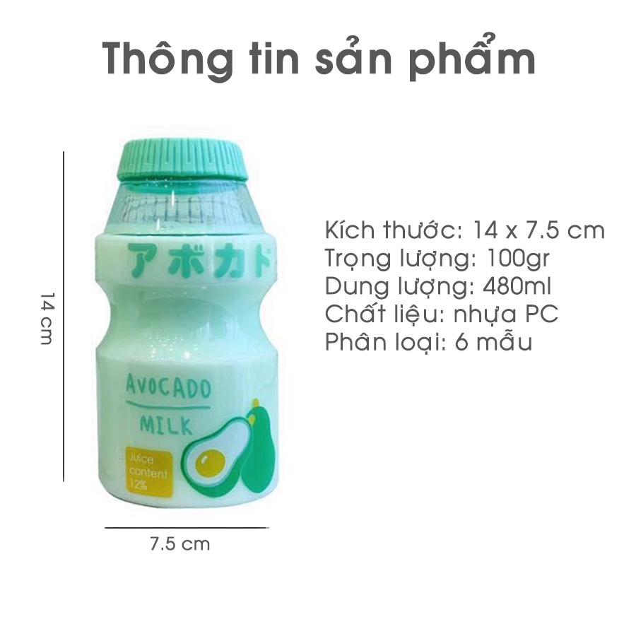 Bình Đựng Nước Nhựa Sữa Chua Yakult Cute 480ml, tặng dây đeo bình dễ thương