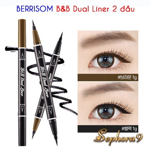 Dạ kẻ mắt 2 đầu tiện lợi đen và nâu Berrisom Black & Brown Dual Liner siêu mảnh chống trôi