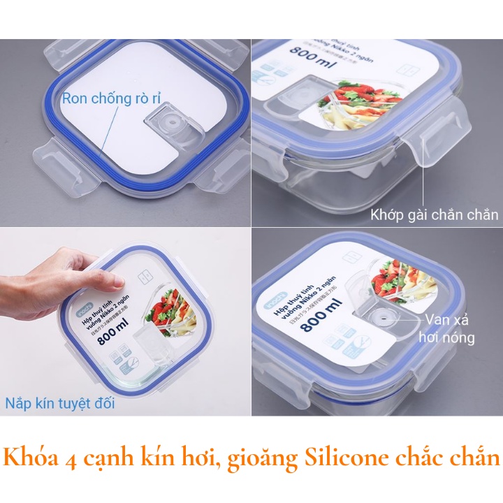 Hộp cơm thủy tinh đựng thức ăn văn phòng, thực phẩm vuông Inochi Nikko Nhật Bản chịu nhiệt, chia 1, 2, 3 ngăn Vapu HCM