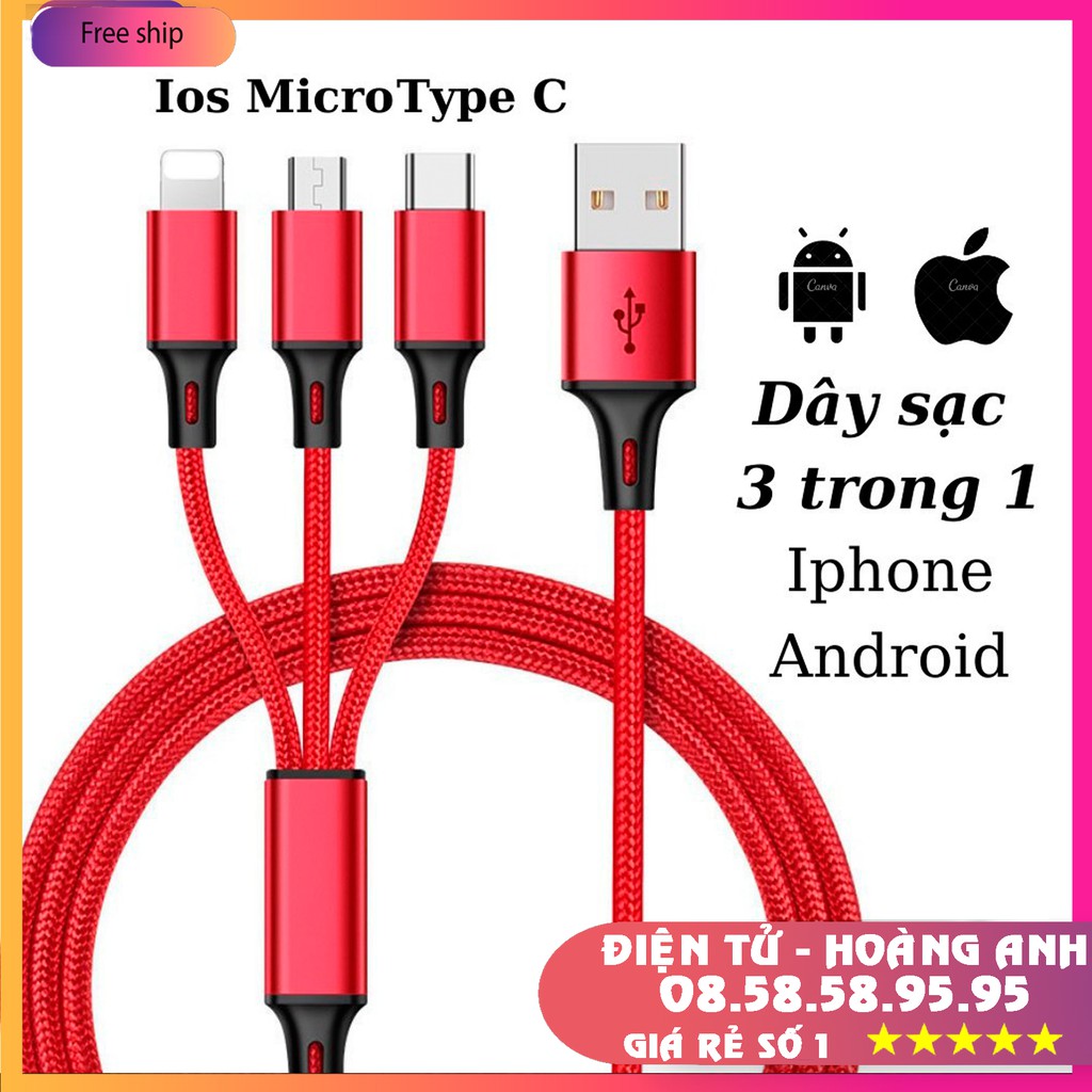 Cáp sạc WDC-125 - 3 đầu - dài 2m-chất liệu vải dù chắc chắn chống gập-đầu sạc đa năng-siêu bền-tương thích các dòng máy