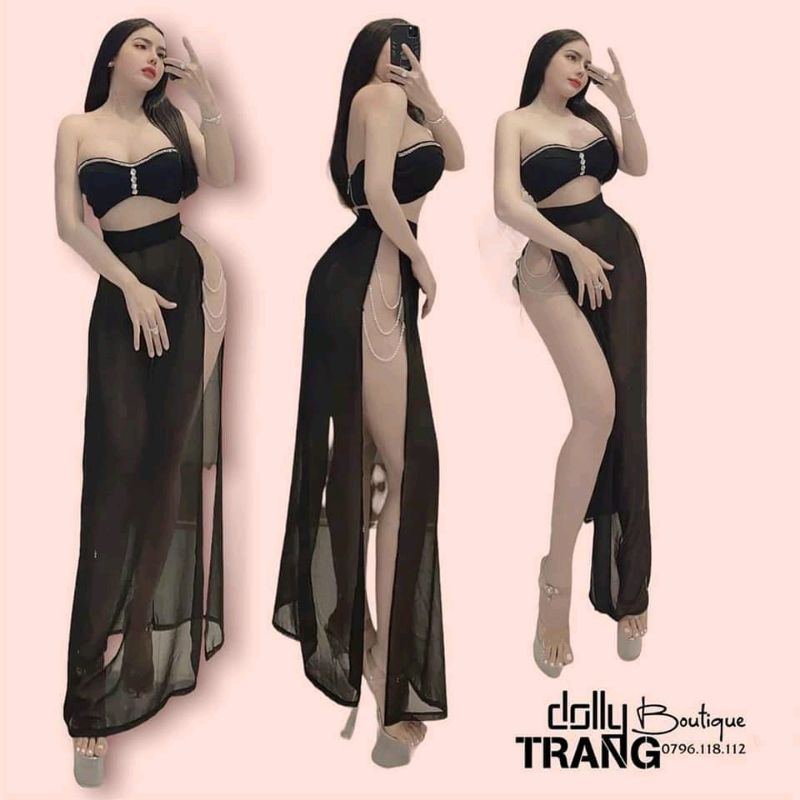 SET VÁY XẺ ĐÙI ÁO CÚP NGỰC VIỀN ĐÁ