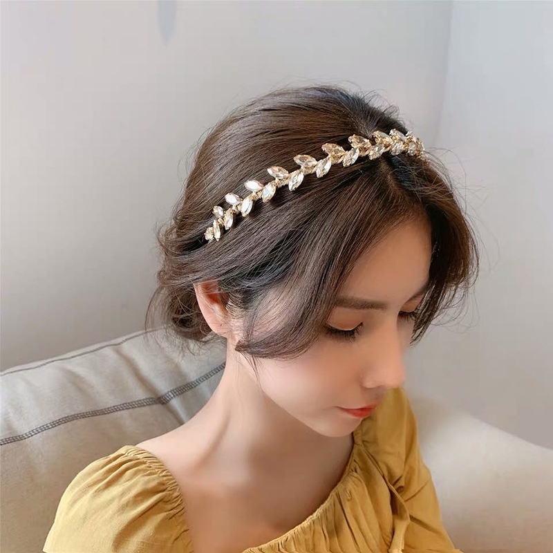 Băng Đô Cài Tóc Hình Lá Ô Liu Đính Kim Cương Pha Lê Thanh Lịch Thời Trang Phổ