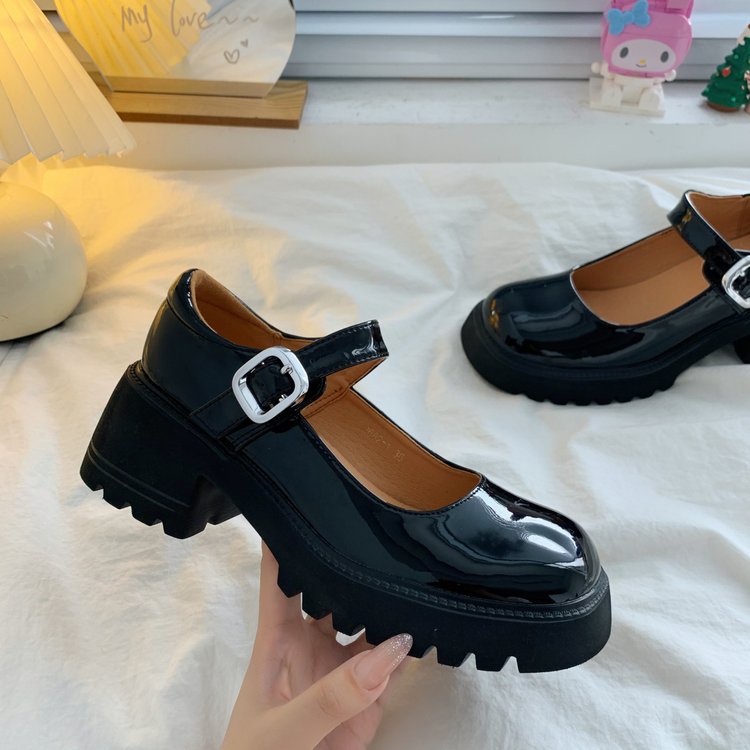 ❤Giày Da Bóng Gót Dày Mũi Tròn Màu Đen Phong Cách Retro Anh Quốc Cho Nữ