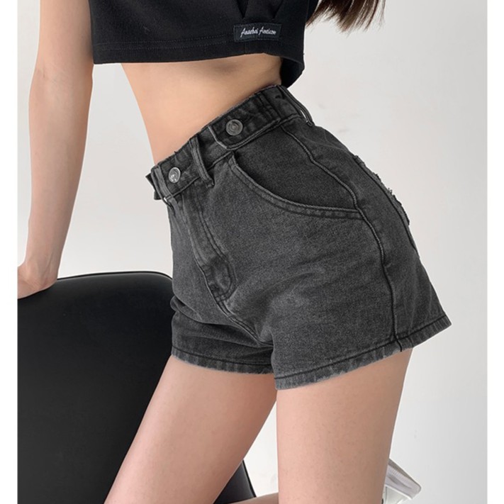 Cocory vn Quần Đùi Denim Lưng Cao Dáng Rộng Thiết Kế Xẻ Rách Cá Tính