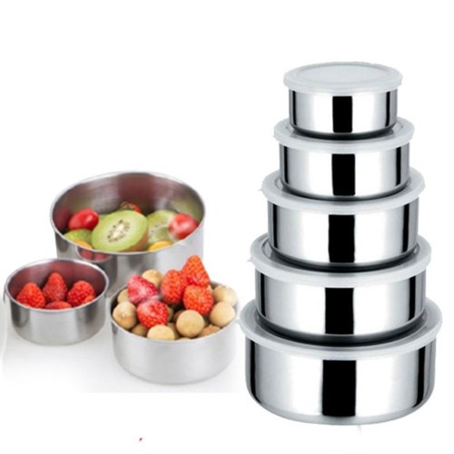 Bộ 5 bát inox kèm nắp, tô đựng cơm văn phòng, đựng thực phẩm tủ lạnh nắp kín an toàn tiện lợi