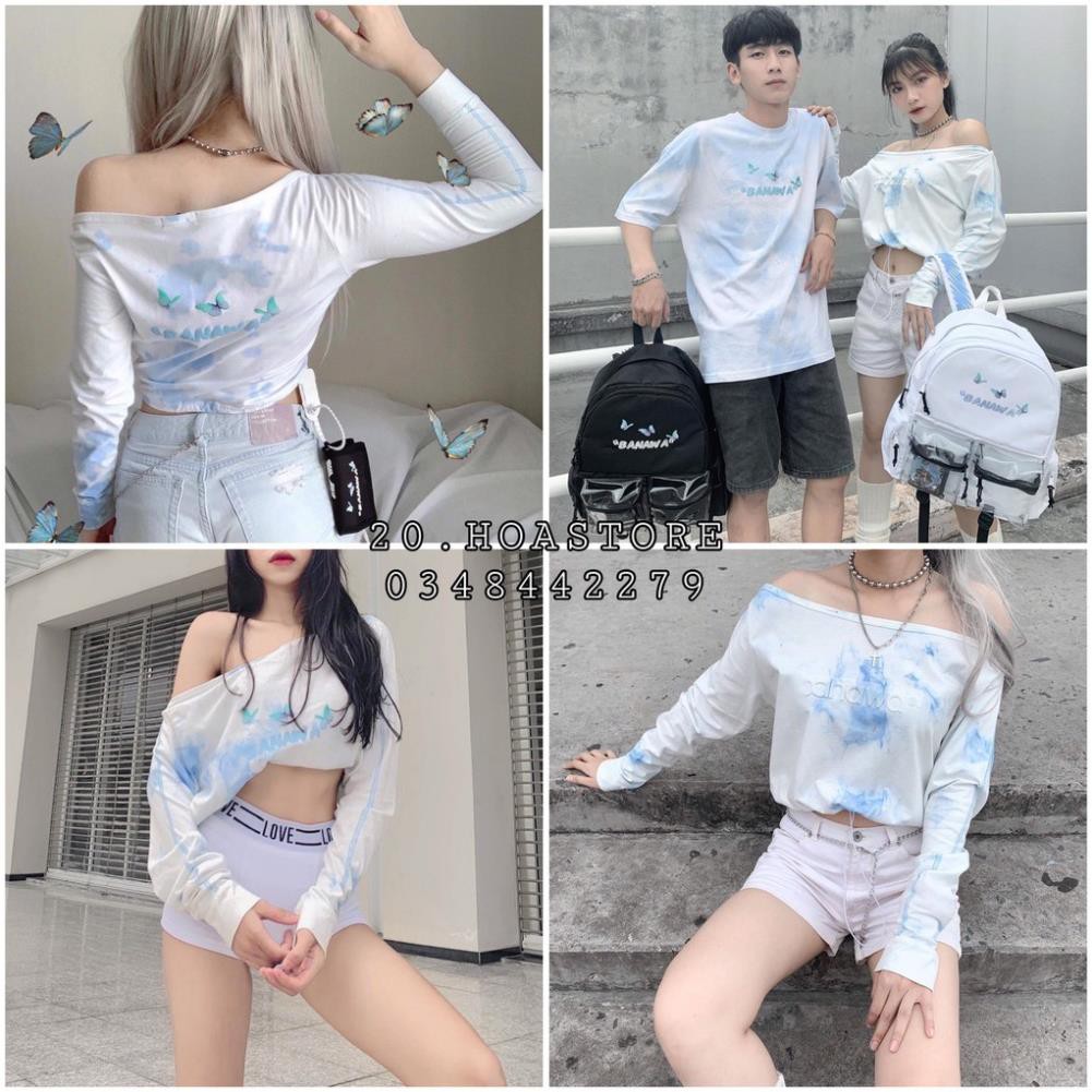 ÁO CROPTOP HỞ VAI DÀI TAY BANAWA - ÁO THUN LOANG MÀU XANH TRẮNG HOẠ TIẾT BUTTERFLY CÁNH BƯỚM TAY DÀI ་