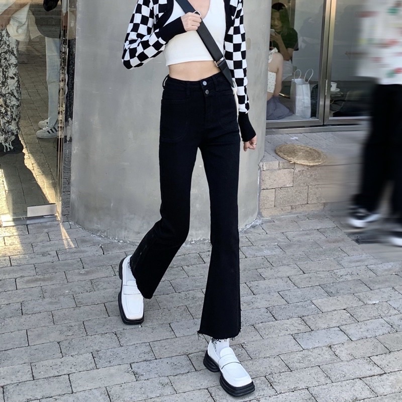 Quần jeans loe trơn cạp cúc đơn giản-hang achau