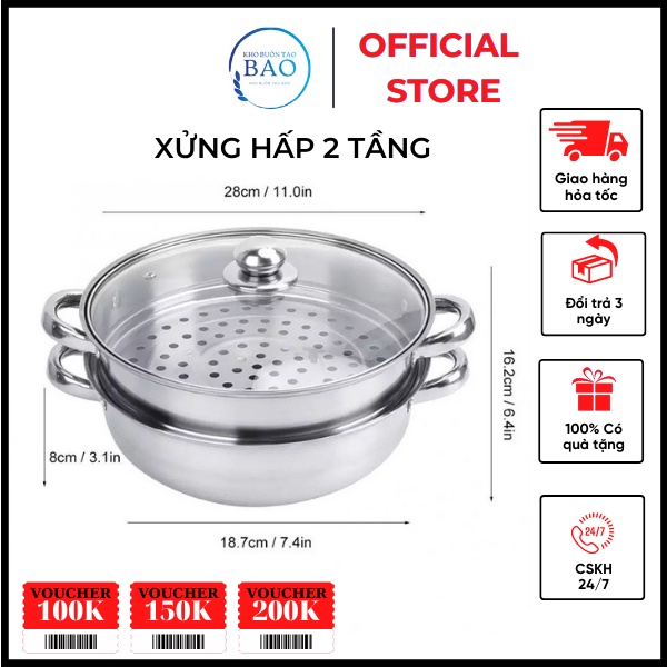 Nồi hấp inox 2 tầng, xửng hấp inox 304 đa năng có thể hấp cách thủy bánh bao,xôi,cá,cơm,gà,bánh cuốn tiệt trùng cao cấp