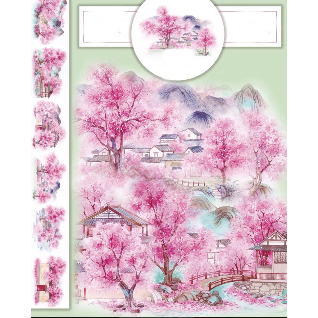 WS115-068 Washi tape Chủ đề hoa anh đào dùng trang trí sổ, bàn học, sổ tay, chiết theo chu kỳ sản phẩm