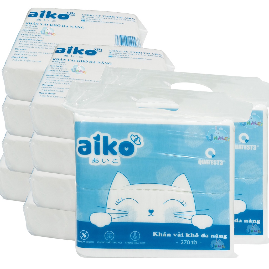 Khăn vải khô đa năng Aiko gói 270 tờ cao cấp 15x20cm