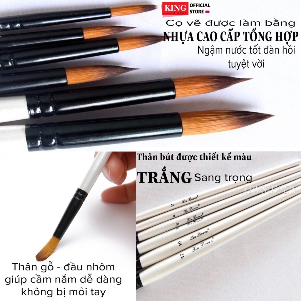 Bộ 6 bút cọ vẽ màu nước tranh sơn dầu , tranh tường ,tranh số hóa màu acrylic 3D ,5D .Cọ vẽ màu trắng ngọc trai Kingcolr