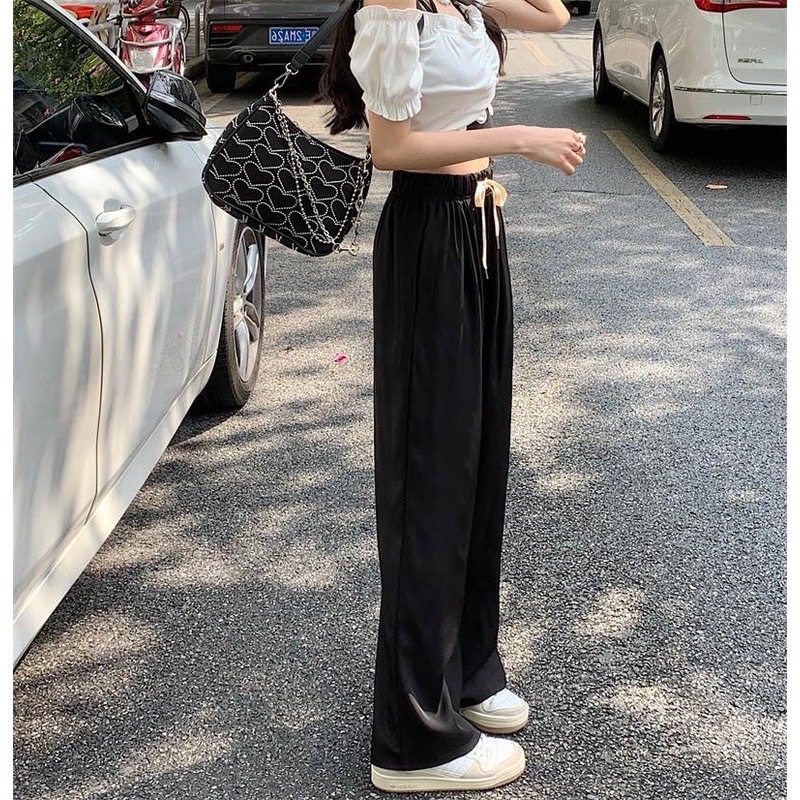 Quần ống rộng phối dây rút cạp cao siêu hack dáng