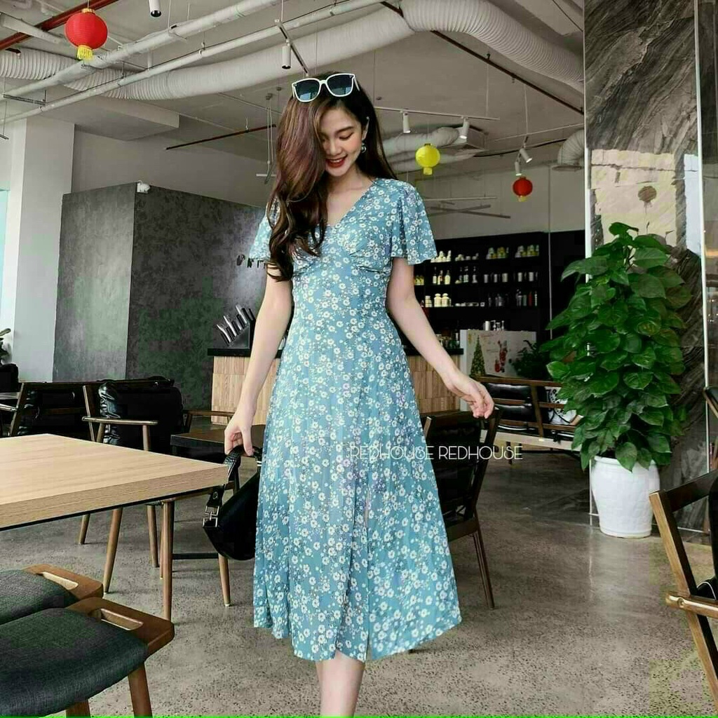 Váy hoa vintage xẻ tà dáng lửng free size dưới 55kg vừa kèm hình thật-TP duoi ca